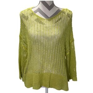 Charlie B Lime Green Fishnet Crochet Open‎ Knit Long Sleeve Sweater Top M